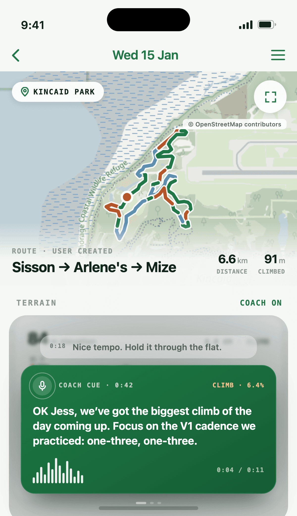 A session mapped at Kincaid Park, with a coach cue playing over the climb.