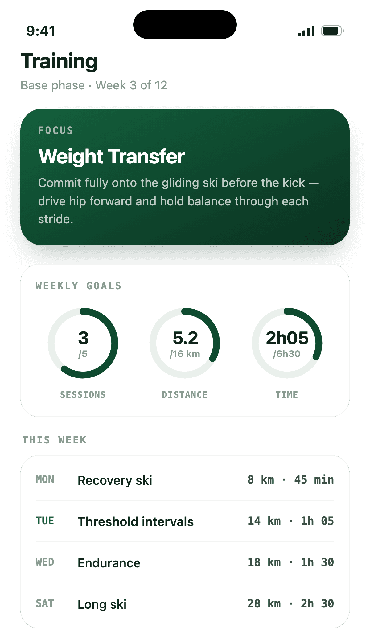 This week's technique focus and goal progress.